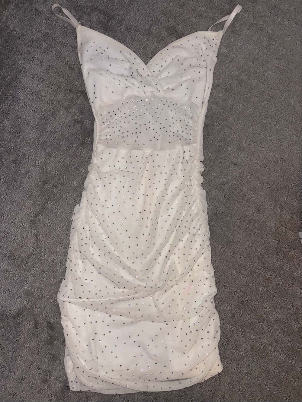White Spaghetti-Strap Ruched Mini Dress with Sparkle